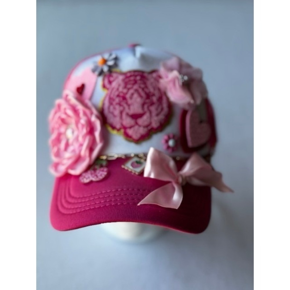 Custom Pink Tiger Patch Trucker Hat Floral Bows Charms Coquette Snapback Cap NEW
